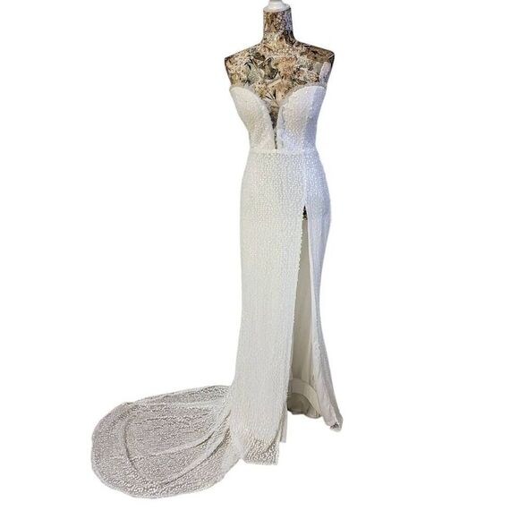 Formal Dress White Sparkle Sequin Mermaid Sweetheart Split Long Maxi Gown Train - Picture 3 of 11